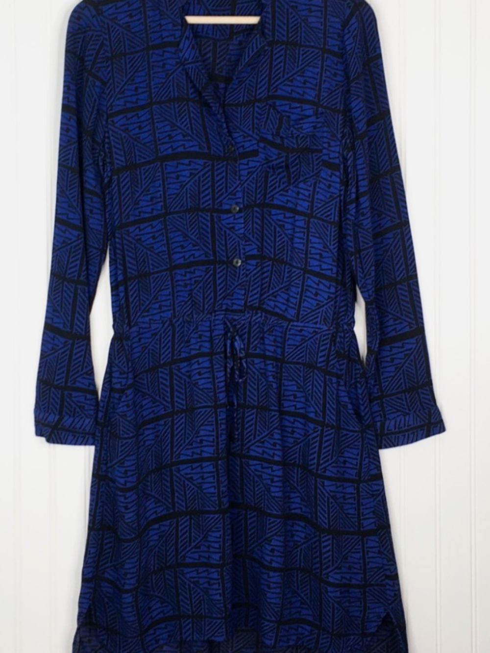 Lucky Brand, Dark Blue Geometric Cinch Waisted Shirt Dress, Size Large